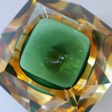 Load image into Gallery viewer, Large 1960s MURANO Faceted Glass Bowl. Vintage Sommerso Geode Green, Yellow and Clear Bowl
