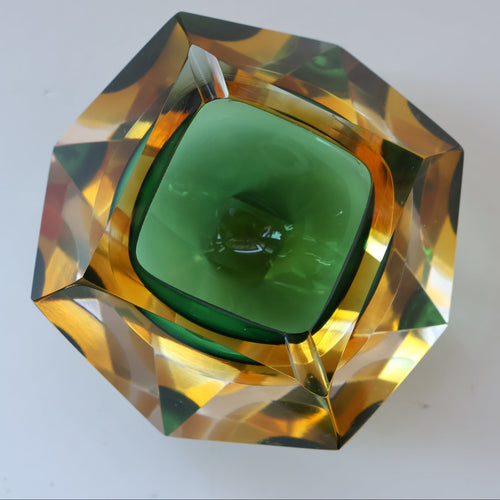 Large 1960s MURANO Faceted Glass Bowl. Vintage Sommerso Geode Green, Yellow and Clear Bowl