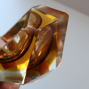 1960s MURANO Glass Bowl. Vintage Sommerso Geode Golden Amber and Clear Glass Chunky Bowl