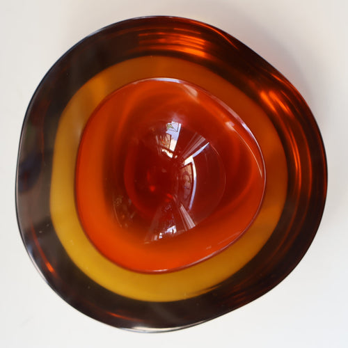 Vintage Murano Glass Triangular Amber and Golden Amber Sommerso GEODE Bowl