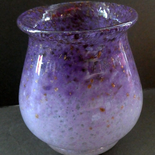 SCOTTISH GLASS. MONART Glass Vase. Bulbous Vase with Rim Shape RA. Pink with Lilac and Purple Rim & Gold Aventurine