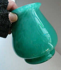 SCOTTISH GLASS. MONART Scottish Art Glass Vase. Bulbous Vase with Rim Shape RA. Plain Mottled Dark Aqua Green Glass . 4 3/4 inches high