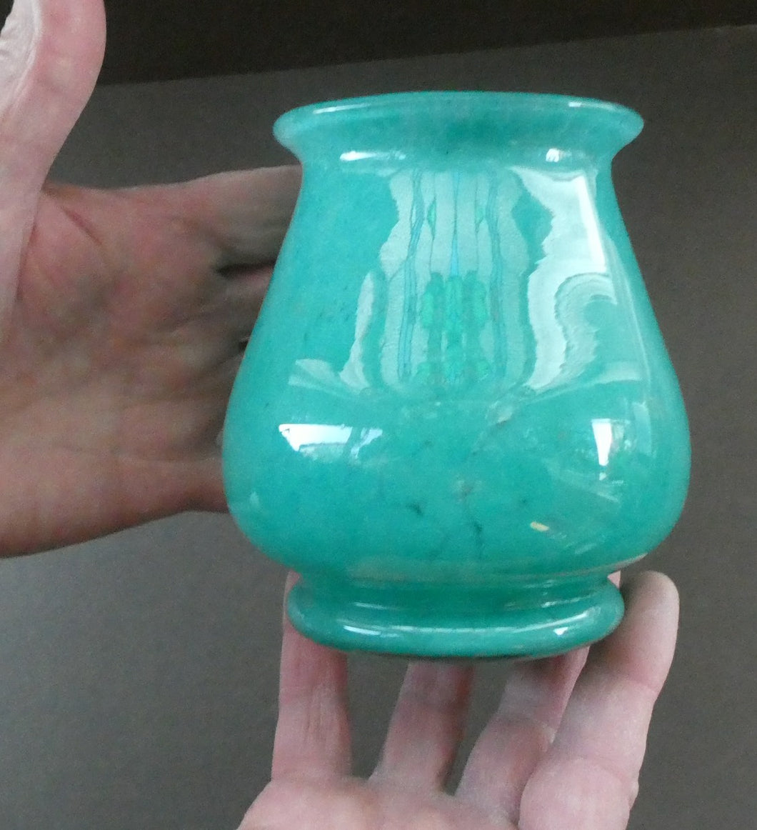 SCOTTISH GLASS. MONART Scottish Art Glass Vase. Bulbous Vase with Rim Shape RA. Plain Mottled Dark Aqua Green Glass . 4 3/4 inches high