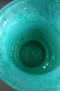 SCOTTISH GLASS. MONART Scottish Art Glass Vase. Bulbous Vase with Rim Shape RA. Plain Mottled Dark Aqua Green Glass . 4 3/4 inches high