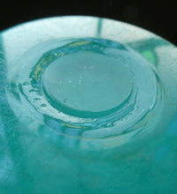 Load image into Gallery viewer, SCOTTISH GLASS. MONART Scottish Art Glass Vase. Bulbous Vase with Rim Shape RA. Plain Mottled Dark Aqua Green Glass . 4 3/4 inches high
