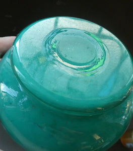 SCOTTISH GLASS. MONART Scottish Art Glass Vase. Bulbous Vase with Rim Shape RA. Plain Mottled Dark Aqua Green Glass . 4 3/4 inches high