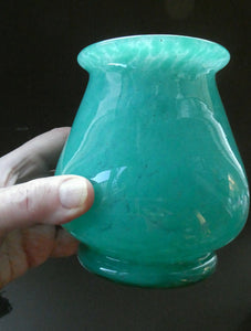 SCOTTISH GLASS. MONART Scottish Art Glass Vase. Bulbous Vase with Rim Shape RA. Plain Mottled Dark Aqua Green Glass . 4 3/4 inches high