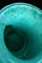 Load image into Gallery viewer, SCOTTISH GLASS. MONART Scottish Art Glass Vase. Bulbous Vase with Rim Shape RA. Plain Mottled Dark Aqua Green Glass . 4 3/4 inches high
