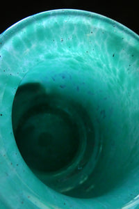 SCOTTISH GLASS. MONART Scottish Art Glass Vase. Bulbous Vase with Rim Shape RA. Plain Mottled Dark Aqua Green Glass . 4 3/4 inches high