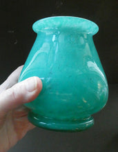 Load image into Gallery viewer, SCOTTISH GLASS. MONART Scottish Art Glass Vase. Bulbous Vase with Rim Shape RA. Plain Mottled Dark Aqua Green Glass . 4 3/4 inches high
