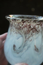Load image into Gallery viewer, SCOTTISH GLASS. MONART Scottish Art Glass Vase. Bulbous Vase with Rim Shape RA. Mottled Grey with Black Flecks, Swirls &amp; Gold Aventurine at the Rim. 4 3/4 inches high

