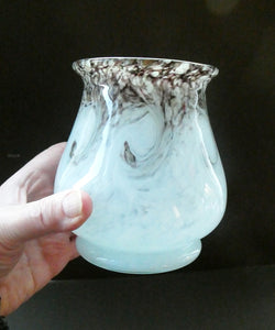 SCOTTISH GLASS. MONART Scottish Art Glass Vase. Bulbous Vase with Rim Shape RA. Mottled Grey with Black Flecks, Swirls & Gold Aventurine at the Rim. 4 3/4 inches high