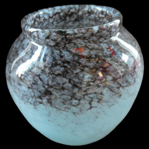 SCOTTISH GLASS. MONART Glass Vase. Bulbous Shape (A). Mottled Lilac Grey-Blue with Black Flecks & Gold Aventurine at the Rim