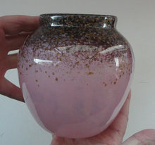 Load image into Gallery viewer, SCOTTISH GLASS. MONART Scottish Art Glass Vase. Bulbous Shape (A). Mottled Dusky Warm Pink with Black Flecks &amp; Gold Aventurine at the Rim. 5 1/2 inches high
