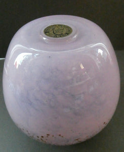 SCOTTISH GLASS. MONART Scottish Art Glass Vase. Bulbous Shape (A). Mottled Dusky Warm Pink with Black Flecks & Gold Aventurine at the Rim. 5 1/2 inches high