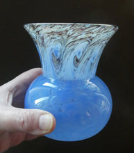 Load image into Gallery viewer, SCOTTISH GLASS. MONART Scottish Art Glass Vase. Thistle Shape. Mottled Powder Blue and Black Flecks &amp; Gold Aventurine at the Rim. 4 3/4 inches high
