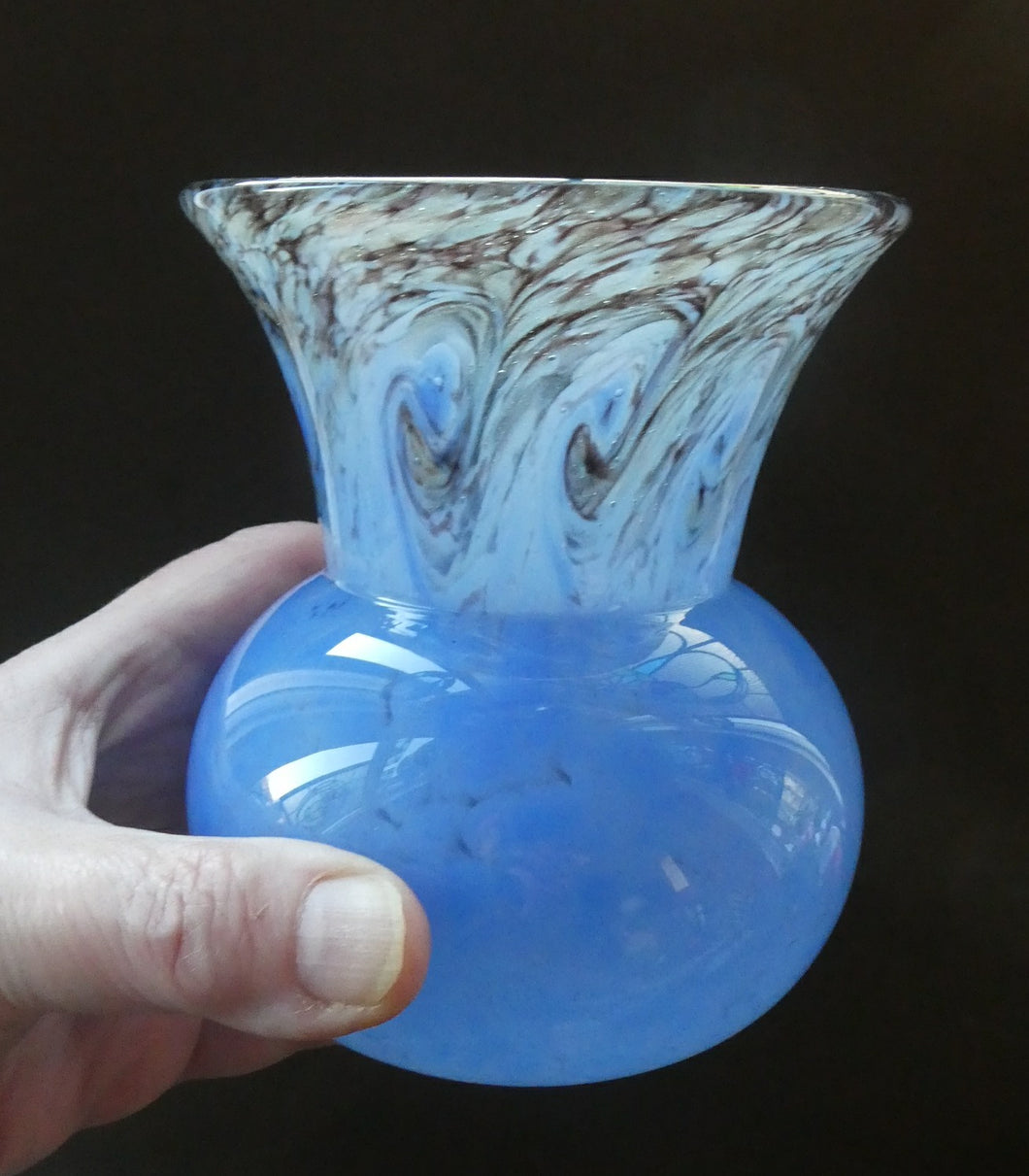 SCOTTISH GLASS. MONART Scottish Art Glass Vase. Thistle Shape. Mottled Powder Blue and Black Flecks & Gold Aventurine at the Rim. 4 3/4 inches high