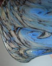 Load image into Gallery viewer, SCOTTISH GLASS. MONART Scottish Art Glass Vase. Thistle Shape. Mottled Powder Blue and Black Flecks &amp; Gold Aventurine at the Rim. 4 3/4 inches high
