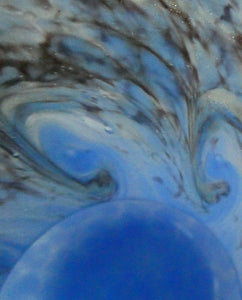 SCOTTISH GLASS. MONART Scottish Art Glass Vase. Thistle Shape. Mottled Powder Blue and Black Flecks & Gold Aventurine at the Rim. 4 3/4 inches high