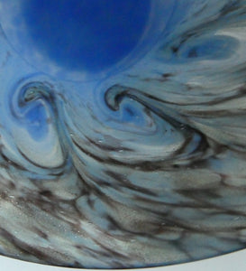 SCOTTISH GLASS. MONART Scottish Art Glass Vase. Thistle Shape. Mottled Powder Blue and Black Flecks & Gold Aventurine at the Rim. 4 3/4 inches high