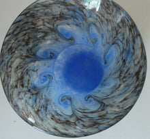Load image into Gallery viewer, SCOTTISH GLASS. MONART Scottish Art Glass Vase. Thistle Shape. Mottled Powder Blue and Black Flecks &amp; Gold Aventurine at the Rim. 4 3/4 inches high
