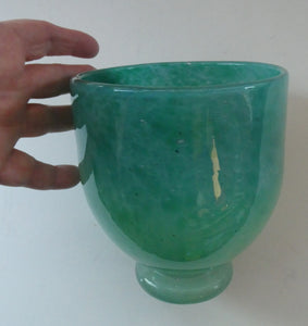 SCOTTISH GLASS. MONART Scottish Art Glass Vase. QC Shape. Mottled Aqua Green Changing to Blue at the Rim. 9 3/4 inches high