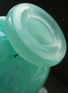 SCOTTISH GLASS. MONART Scottish Art Glass Vase. QC Shape. Mottled Aqua Green Changing to Blue at the Rim. 9 3/4 inches high