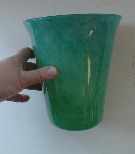 Large MONART Scottish Art Glass Vase. G Shape. Mottled Aqua Green & Blue. 7 1/4 inches high 