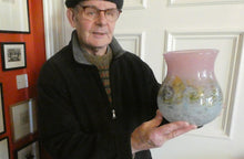 Load image into Gallery viewer, SCOTTISH GLASS. Large MONART Scottish Art Glass Vase. SA Shape. Mottled Pale Blue, Pink with Swirls &amp; Lots of Gold Aventurine Flakes. 7 3/4 inches high
