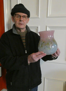 SCOTTISH GLASS. Large MONART Scottish Art Glass Vase. SA Shape. Mottled Pale Blue, Pink with Swirls & Lots of Gold Aventurine Flakes. 7 3/4 inches high