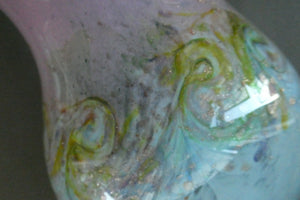 SCOTTISH GLASS. Large MONART Scottish Art Glass Vase. SA Shape. Mottled Pale Blue, Pink with Swirls & Lots of Gold Aventurine Flakes. 7 3/4 inches high
