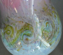 Load image into Gallery viewer, SCOTTISH GLASS. Large MONART Scottish Art Glass Vase. SA Shape. Mottled Pale Blue, Pink with Swirls &amp; Lots of Gold Aventurine Flakes. 7 3/4 inches high
