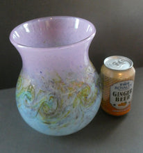 Load image into Gallery viewer, SCOTTISH GLASS. Large MONART Scottish Art Glass Vase. SA Shape. Mottled Pale Blue, Pink with Swirls &amp; Lots of Gold Aventurine Flakes. 7 3/4 inches high
