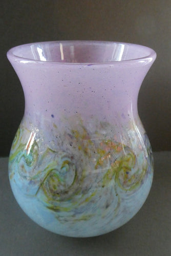 SCOTTISH GLASS. Large MONART Scottish Art Glass Vase. SA Shape. Mottled Pale Blue, Pink with Swirls & Lots of Gold Aventurine Flakes. 7 3/4 inches high