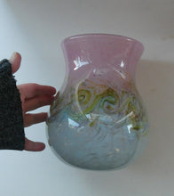 Load image into Gallery viewer, SCOTTISH GLASS. Large MONART Scottish Art Glass Vase. SA Shape. Mottled Pale Blue, Pink with Swirls &amp; Lots of Gold Aventurine Flakes. 7 3/4 inches high
