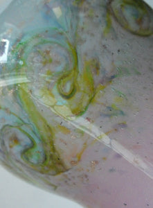 SCOTTISH GLASS. Large MONART Scottish Art Glass Vase. SA Shape. Mottled Pale Blue, Pink with Swirls & Lots of Gold Aventurine Flakes. 7 3/4 inches high