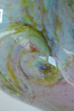 Load image into Gallery viewer, SCOTTISH GLASS. Large MONART Scottish Art Glass Vase. SA Shape. Mottled Pale Blue, Pink with Swirls &amp; Lots of Gold Aventurine Flakes. 7 3/4 inches high
