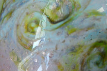 Load image into Gallery viewer, SCOTTISH GLASS. Large MONART Scottish Art Glass Vase. SA Shape. Mottled Pale Blue, Pink with Swirls &amp; Lots of Gold Aventurine Flakes. 7 3/4 inches high
