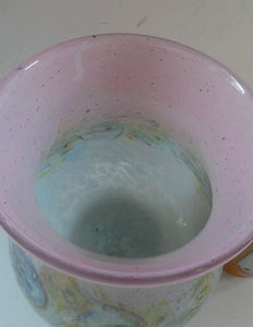 SCOTTISH GLASS. Large MONART Scottish Art Glass Vase. SA Shape. Mottled Pale Blue, Pink with Swirls & Lots of Gold Aventurine Flakes. 7 3/4 inches high