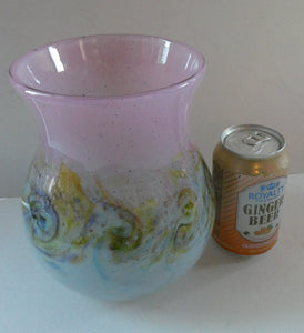 SCOTTISH GLASS. Large MONART Scottish Art Glass Vase. SA Shape. Mottled Pale Blue, Pink with Swirls & Lots of Gold Aventurine Flakes. 7 3/4 inches high