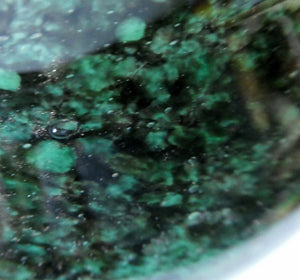 Large Green Monart Glass Vase with Black Flecks and Gold Aventurine. 9 3/4 inches