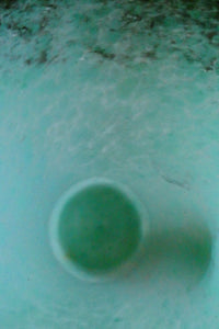 Large Green Monart Glass Vase with Black Flecks and Gold Aventurine. 9 3/4 inches