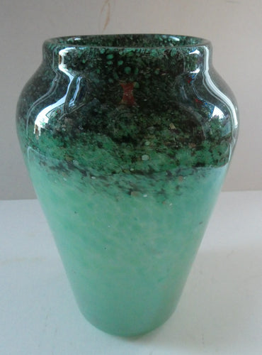 Large Green Monart Glass Vase with Black Flecks and Gold Aventurine. 9 3/4 inches