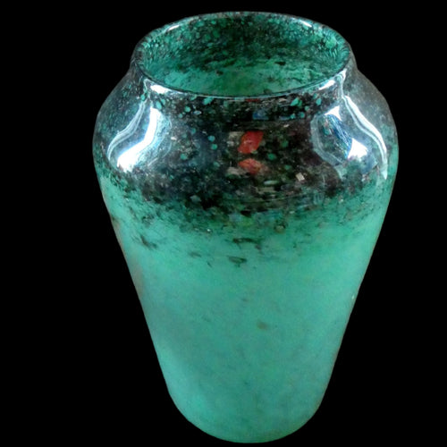 Large Green Monart Glass Vase with Black Flecks and Gold Aventurine. 9 3/4 inches