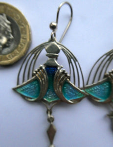 PAT CHENEY. Scottish Vintage 1980s Art Nouveau Style Silver Earrings with Turquoise Enamel