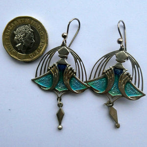 PAT CHENEY. Scottish Vintage 1980s Art Nouveau Style Silver Earrings with Turquoise Enamel