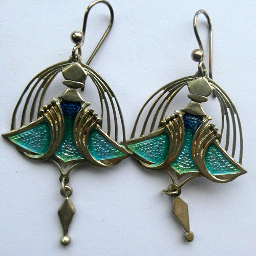 PAT CHENEY. Scottish Vintage 1980s Art Nouveau Style Silver Earrings with Turquoise Enamel