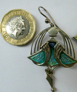 PAT CHENEY. Scottish Vintage 1980s Art Nouveau Style Silver Earrings with Turquoise Enamel