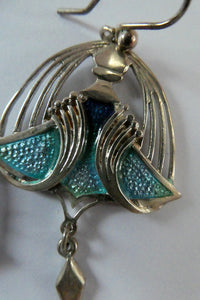 PAT CHENEY. Scottish Vintage 1980s Art Nouveau Style Silver Earrings with Turquoise Enamel