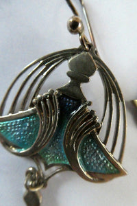 PAT CHENEY. Scottish Vintage 1980s Art Nouveau Style Silver Earrings with Turquoise Enamel